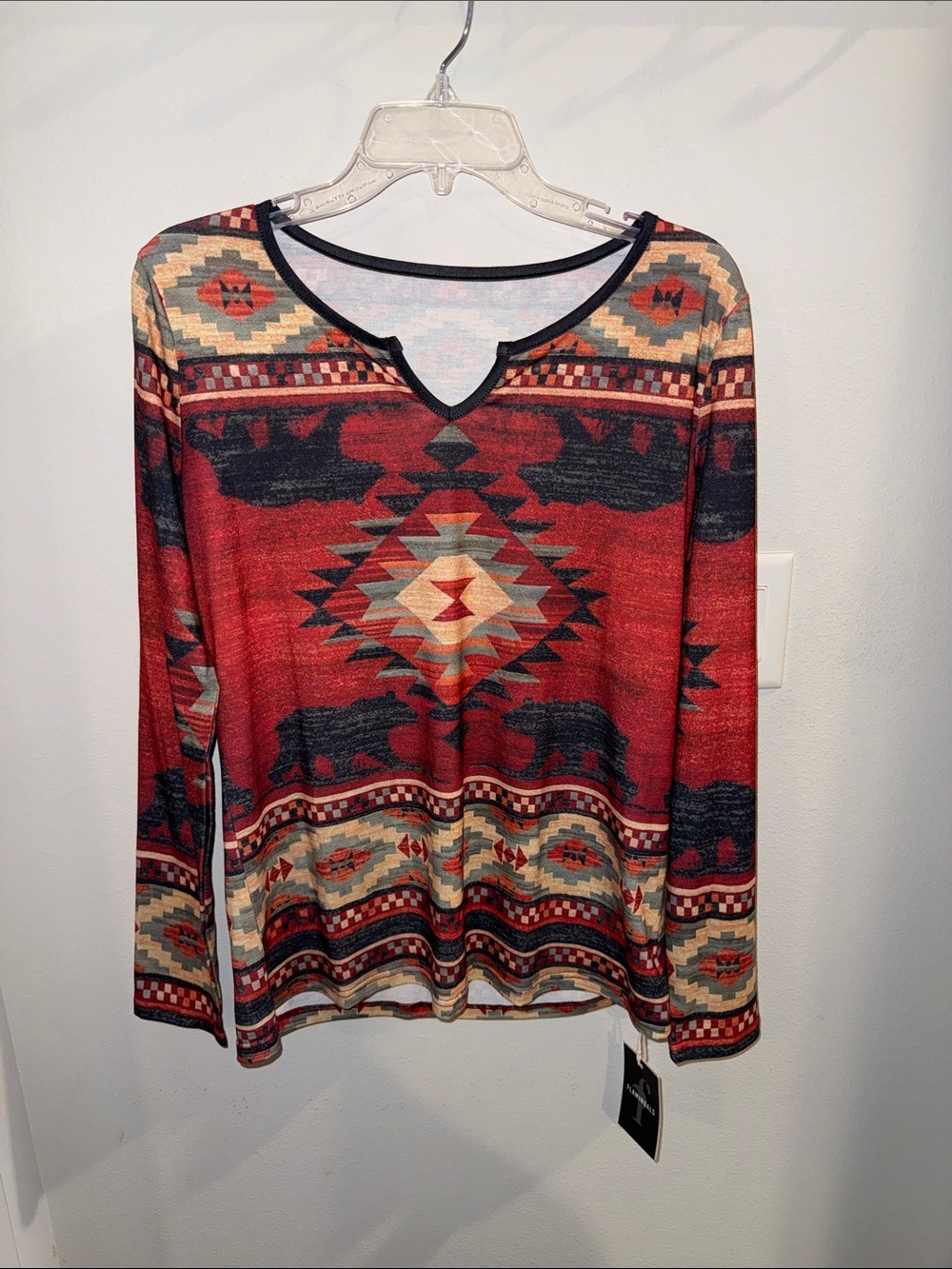 Flamingals Aztec-Pattern Notch Neck Long Sleeve Top